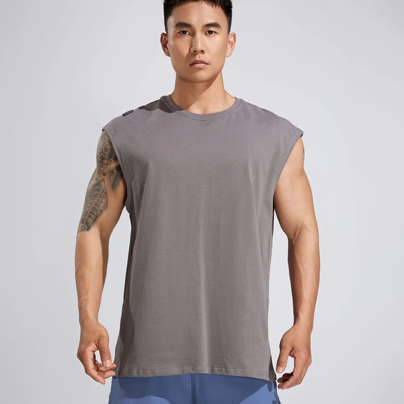 Summer new cotton loose dark grey men's vest cross border round neck sleeveless top jogger outdoor fitness exercise sports wear