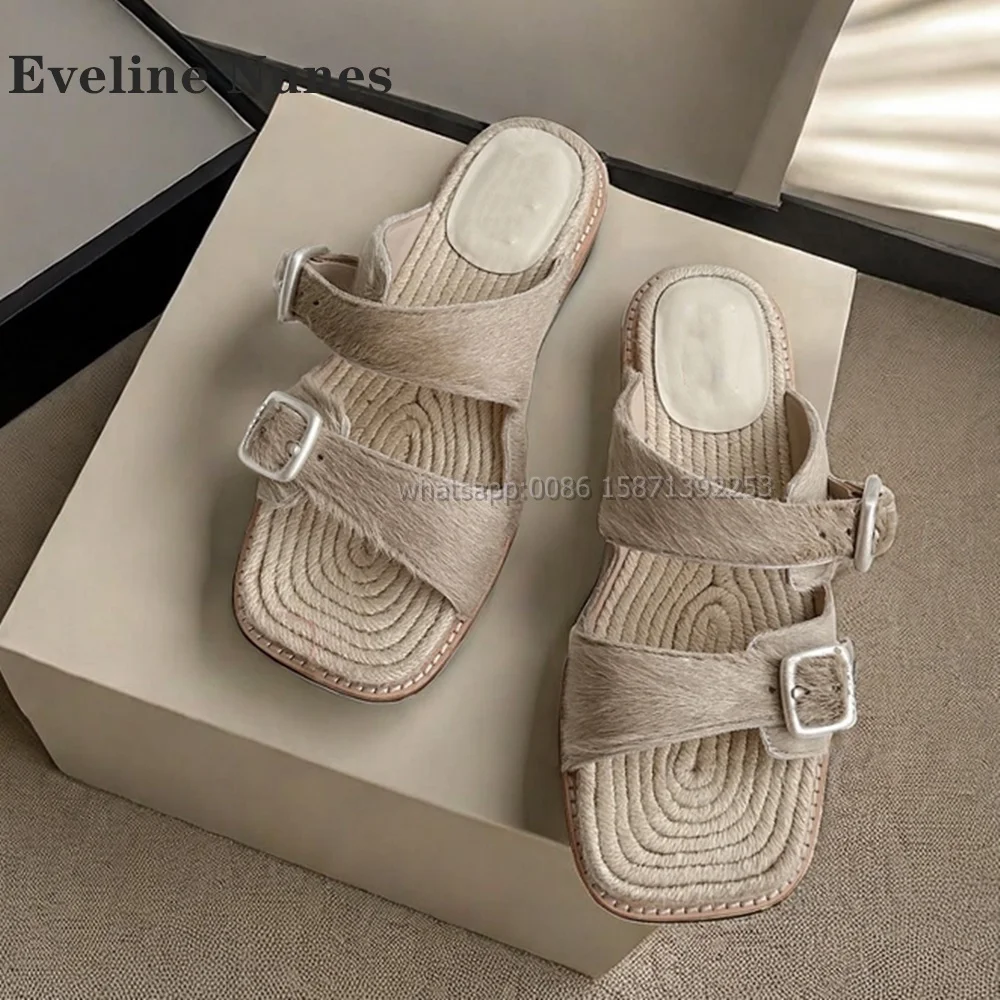 

Woven Buckle Strap Shallow Slippers Square Toe Flat with Slip On Casual Women Slides Vacation Beach Concise Shoes 2024 Summer