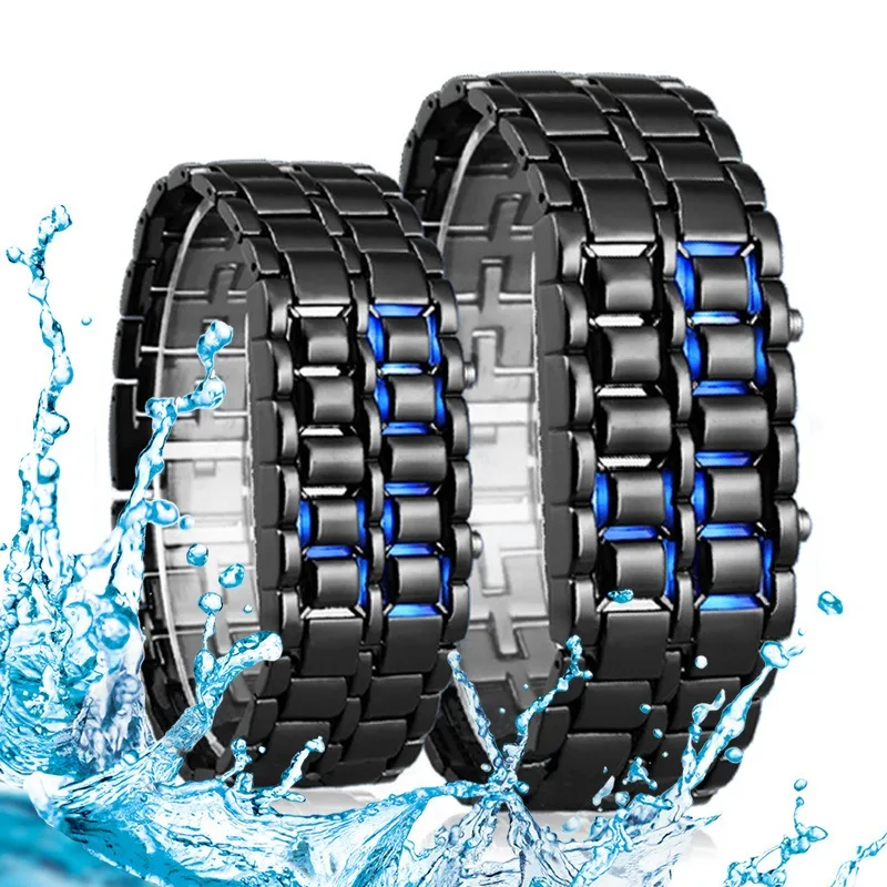 Moda masculina digital lava relógio de pulso masculino preto completo metal vermelho azul display led relógios presentes para masculino menino esporte ao ar livre ferramentas