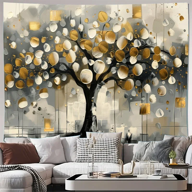 Abstract Golden Tree Tapestry Wall Hanging Art for Modern Boho Living Room Home Decor Golden Foliage Leaf Pattern Canvas Artwork