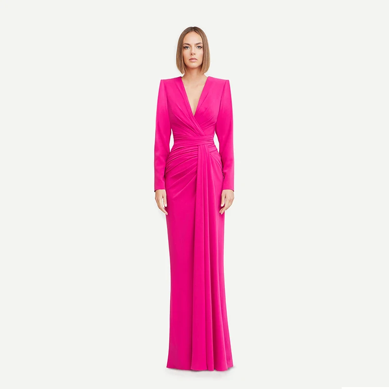 

L297 Zuhiar murad Long Sleeves v Neck Crepe mermaid فساتين السهرة vestidos de fiesta فساتين سهره evening dresses