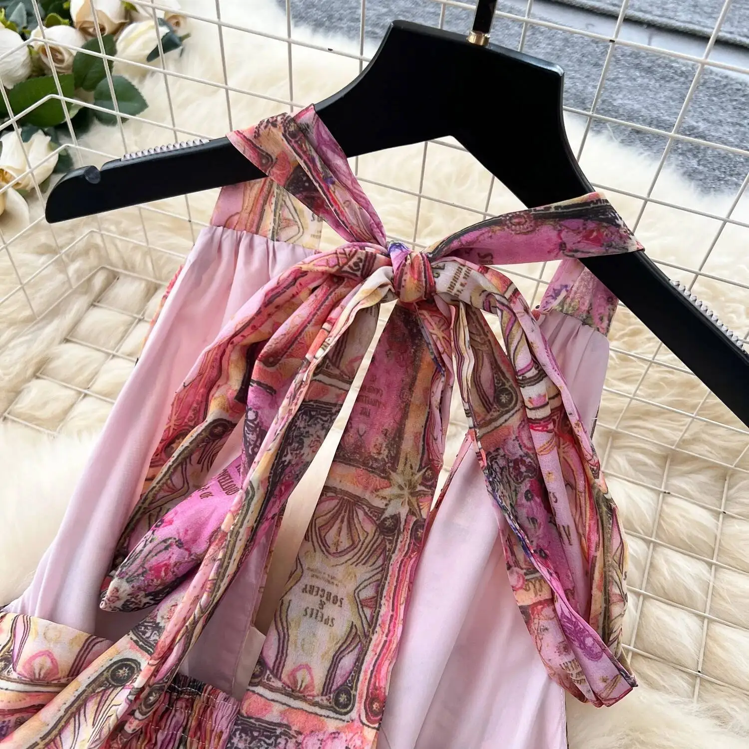 Women Sexy Hanging Neck Beach Dress Summer High Waist Ruffle Printed Long Dresses Ladies Vintage Chiffon Boho Long Robe Vestidos