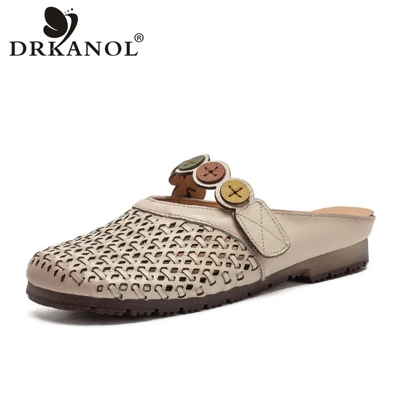 

DRKANOL Women Summer Flat Slippers Handmade Weave Hollow Out Genuine Cow Leather Slip On Round Toe Retro Casual Sandals Slides