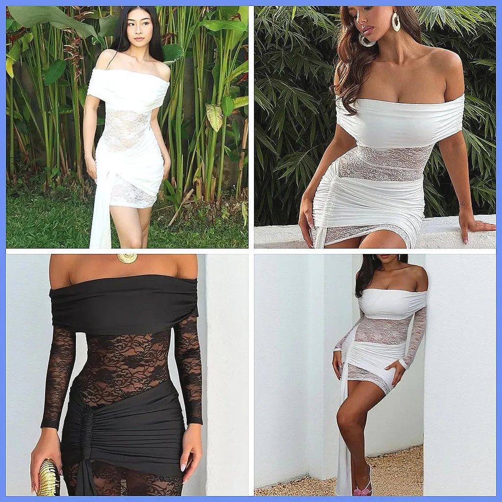 

Off-Shoulder Lace Patchwork Mini Dress for Women, Backless Long Sleeve Party & Club Dress (2026)
