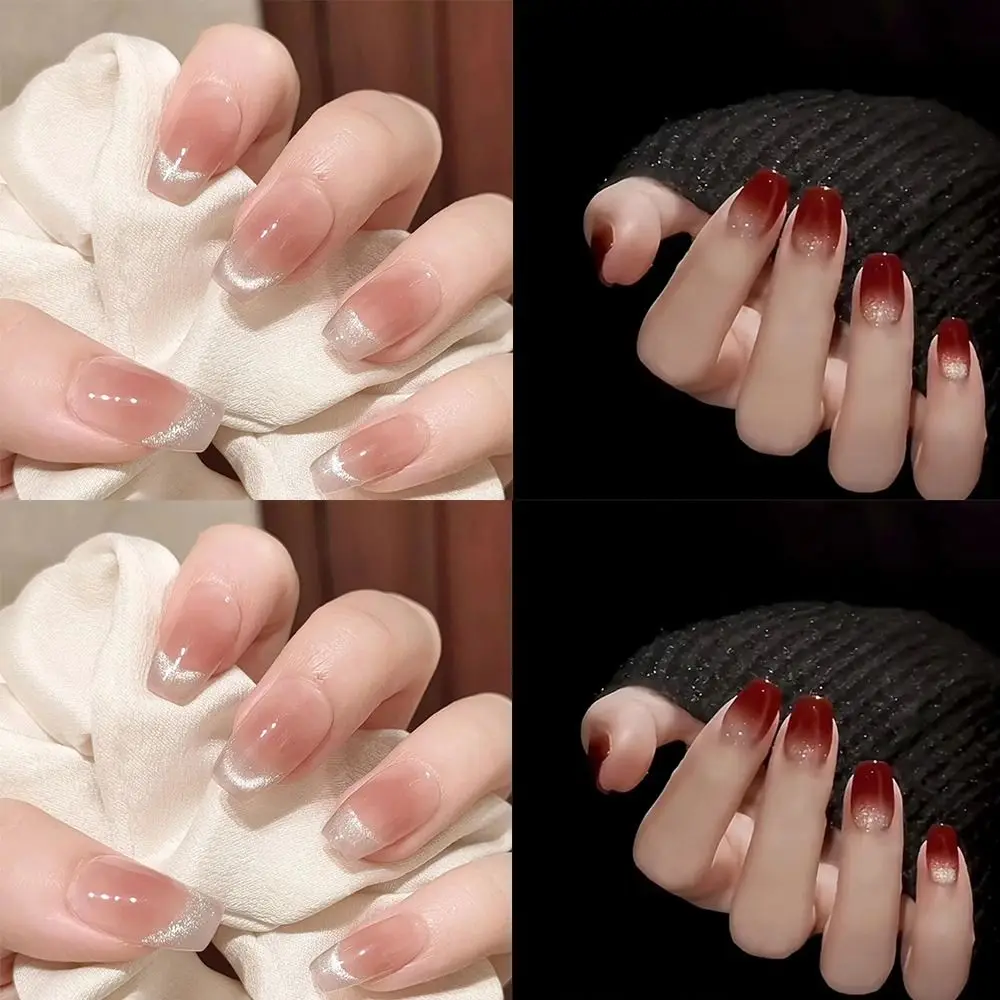 Fashion Long Ballerina False Nails Pink Aurora French Fake Nails Full Cover Wine Red Nail Tips DIY