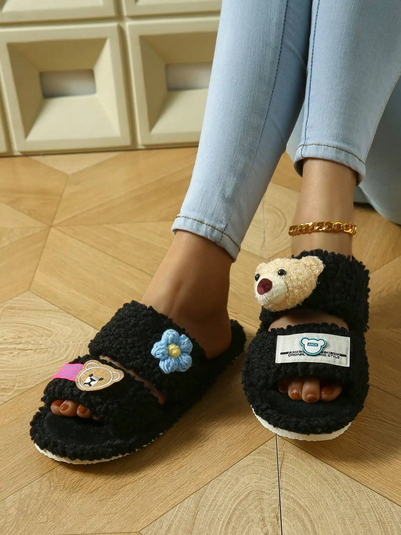 shensongni Women's Cute 3D Bear Decor Plush Open Toe Slippers, Double Strap Hook And Loop Black Fleece House Slippers, Warm Anti-Slip Indoor Plush Style, Suitable For Autumn/Winter.sx2406230476830026