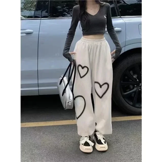 Calça casual feminina estampada em coração vintage, calças de jogging retas soltas, moda bf, streetwear hip hop, seção fina, verão, 2023