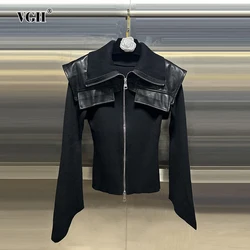 VGH Solid Slimming Casual Knitting Coat For Women Lapel Long Sleeve Patchwork Leather Minimalist Coats Female Fashion Fashion