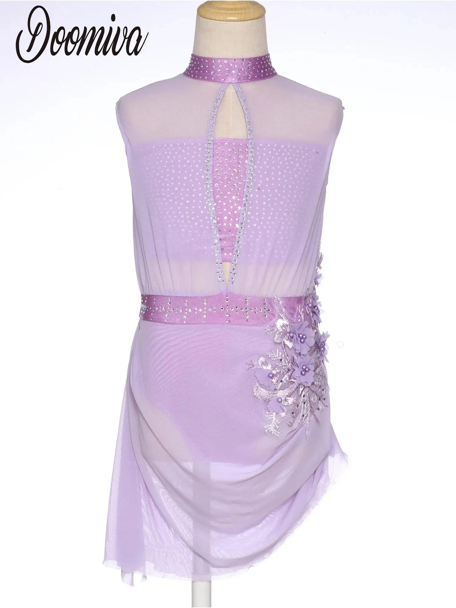 

Kids Girls Figure Skating Gymnastics Ballet Dance Dress Sleeveless Sheer Mesh Rhinestones Applique Tutu Dress for Performance