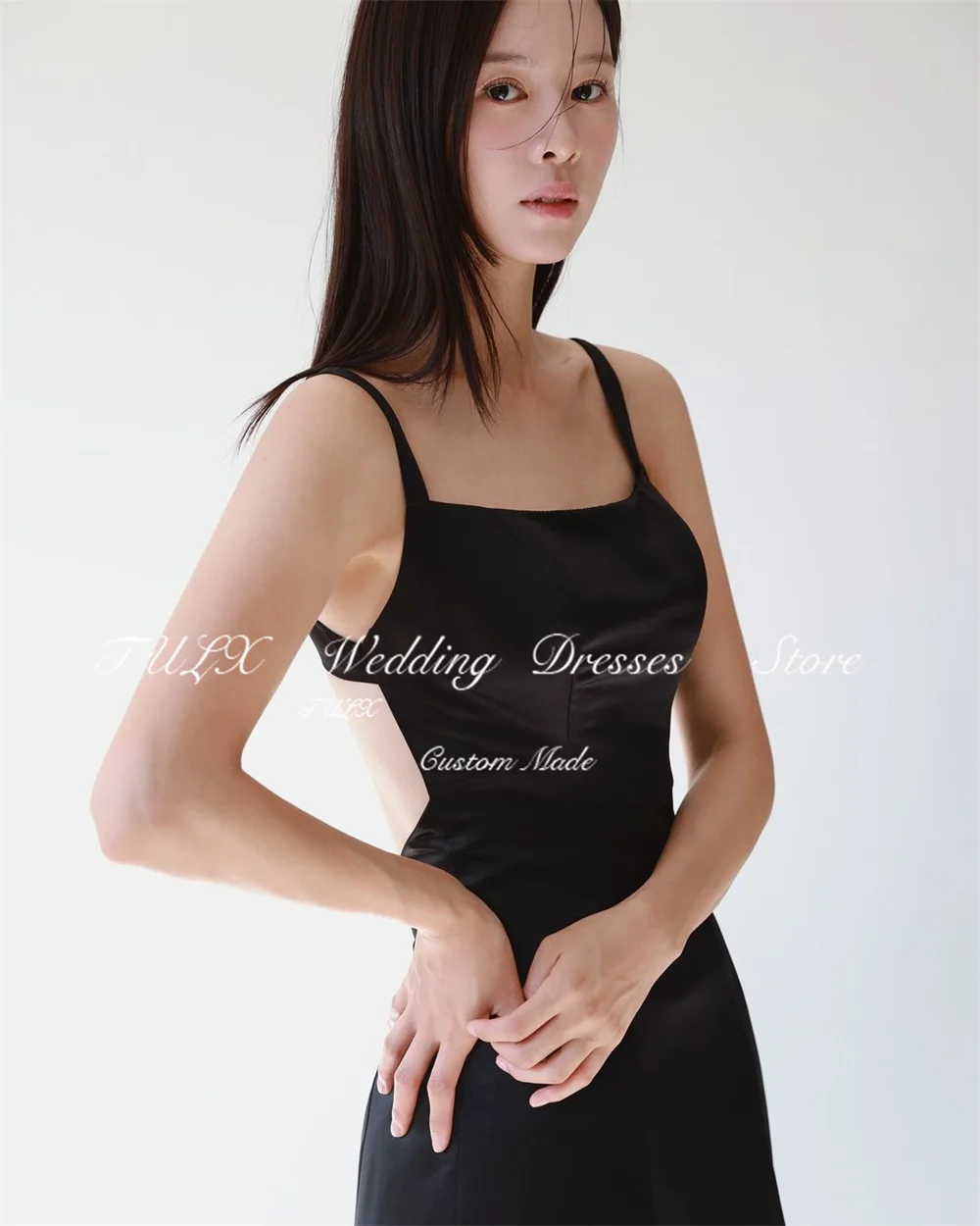 TULX Robe de soirée en satin à bretelles spaghetti simples Corée Robe de séance photo de mariage dos nu Noir Longue traîne de balayage Personnalisé Garona