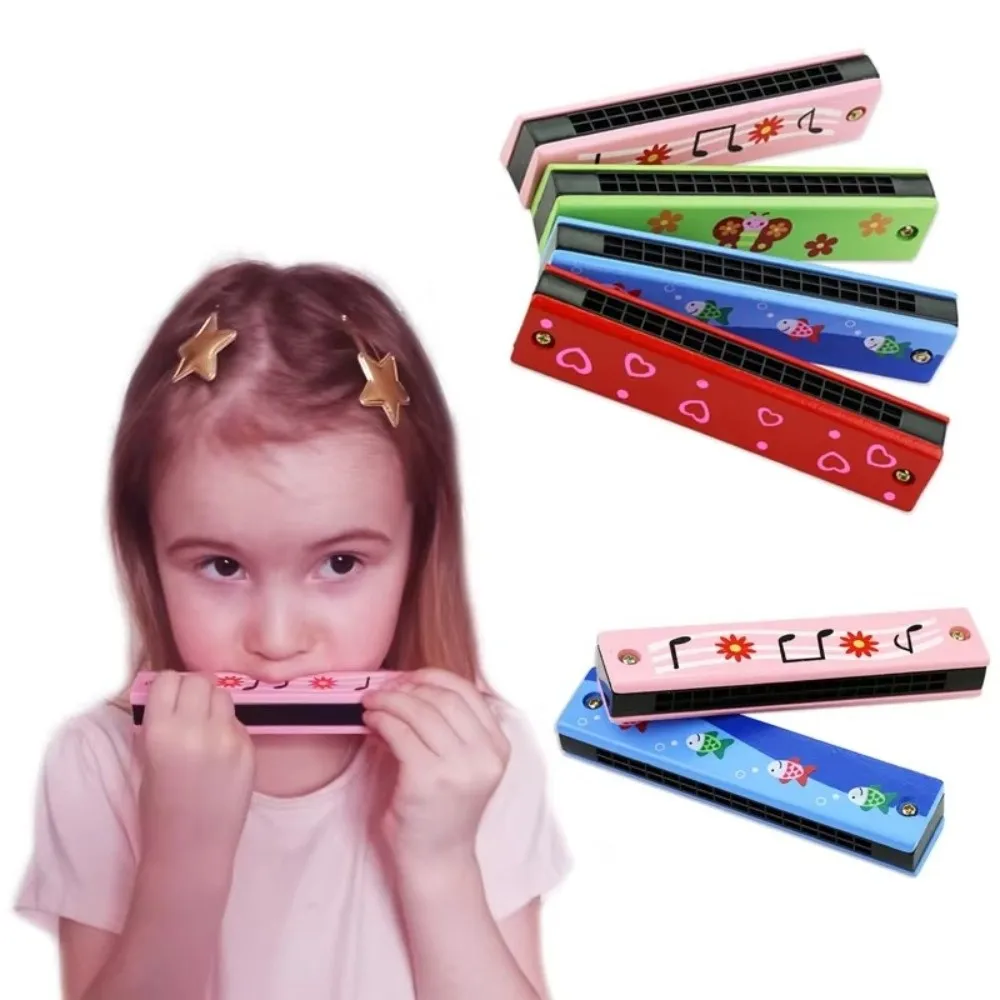 New 16 Holes Wooden Harmonica Colorful Painted Cartoon Melodica Melodic Cute Children Musical Instrument Beginners