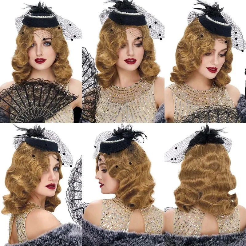 Peluca Flapper de los años 20 para mujer, peluca sintética de longitud media con ondas de dedo Retro, pelo rizado negro, dorado y marrón, accesorios para disfraz de fiesta de Halloween