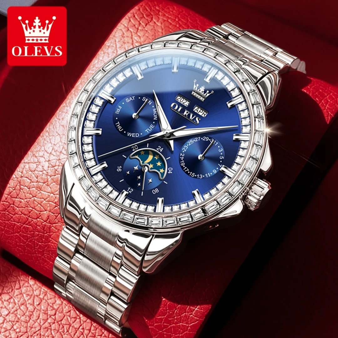 OLEVS 6695G Mechanical Fashion Watch Gift Round-dial Stainless Steel Watchband Wristwatch Moon Phase Calendar Year display