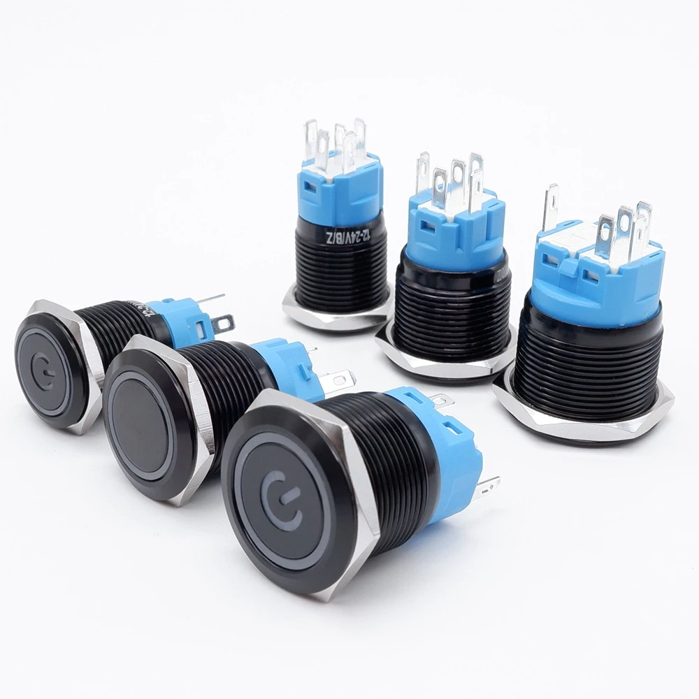Black Latching Push Button Switch 16/19/22mm with Led Light Waterproof Illuminated  ON OFF Metal Momentary 5V 12V 220V Red Blue
