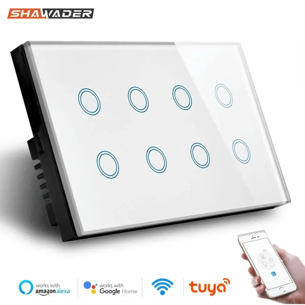 Interruptor de pared con luz táctil inteligente Wifi, Panel de vidrio, 8 entradas, 147x86mm, aplicación Tuya SmartLife, Compatible con Alexa y Google Home