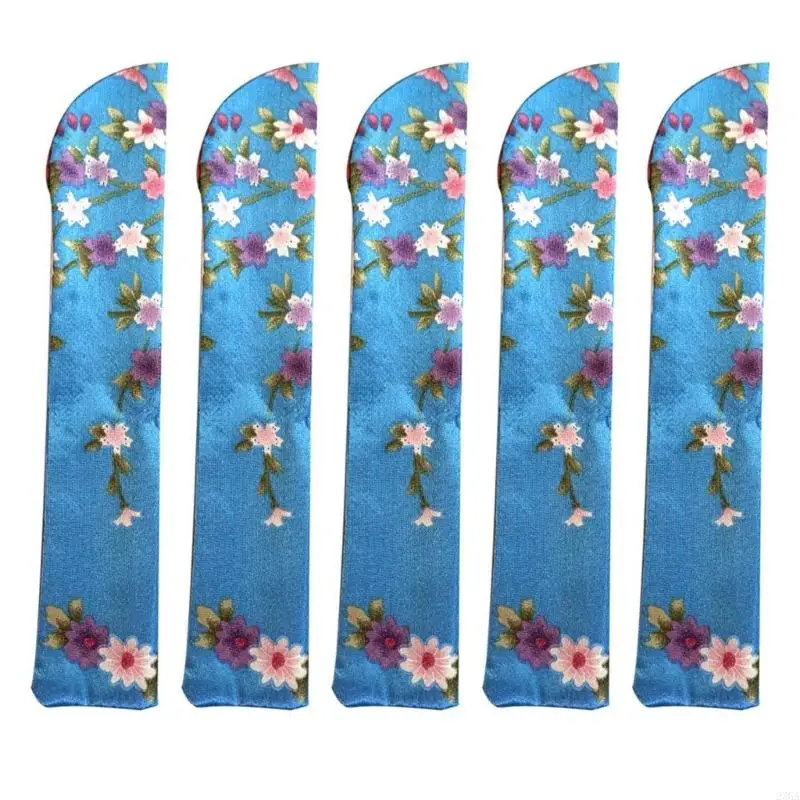 23GA Pack of 5 Folding Fan Silk Storage Bag Chinese Hand Fan Vintage Flower Pocket Protective Hand Fan Cover Sleeve