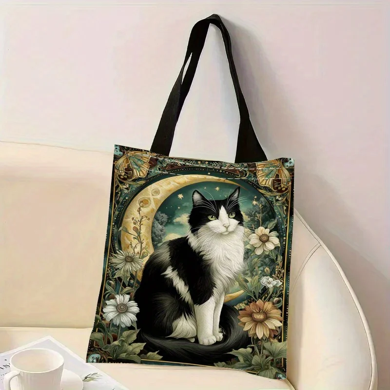 

1pc Agatha Christie-Themed Tote Bag - Black & White Cat on Moon Design, Portable Anime Shoulder Bag , Cat Tote Bag