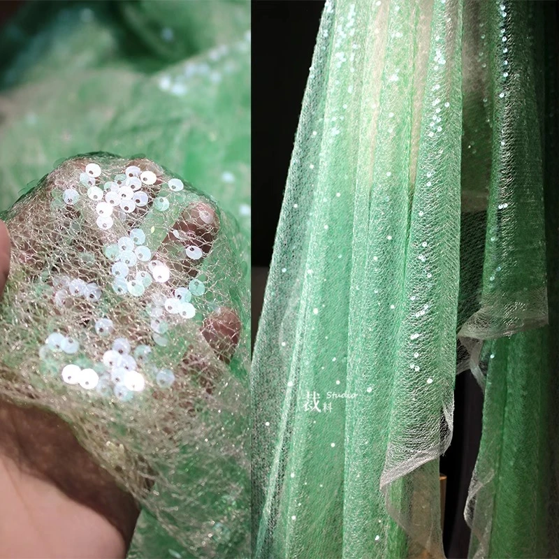 

Зеленая ткань с блестками, роскошный прозрачный тюль, вечернее платье, юбка, фон, модельерская ткань