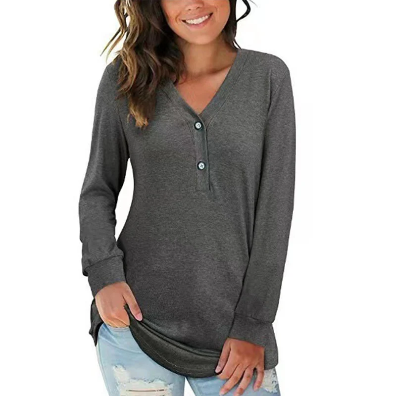 

Весенне-осенняя женская футболка с v-образным вырезом и пуговицами с длинным рукавом Y2k, цветная футболка для женщин, блузки, однотонные футболки, топы