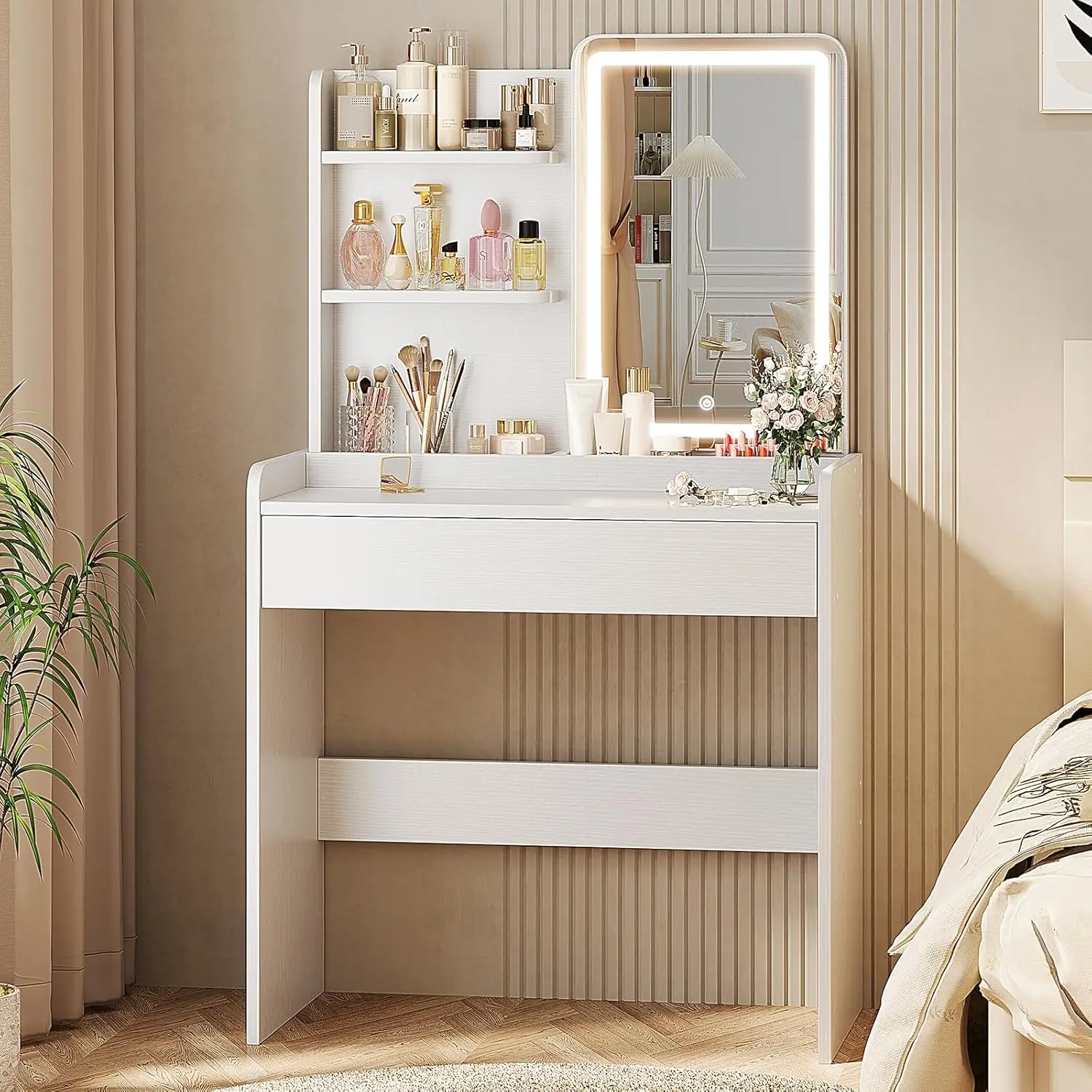 

Small Vanity Desk with Mirror and Lights, Makeup Vanity with Drawer & Storage Shelves, Vanity Desk with 3 Lighting, Customized