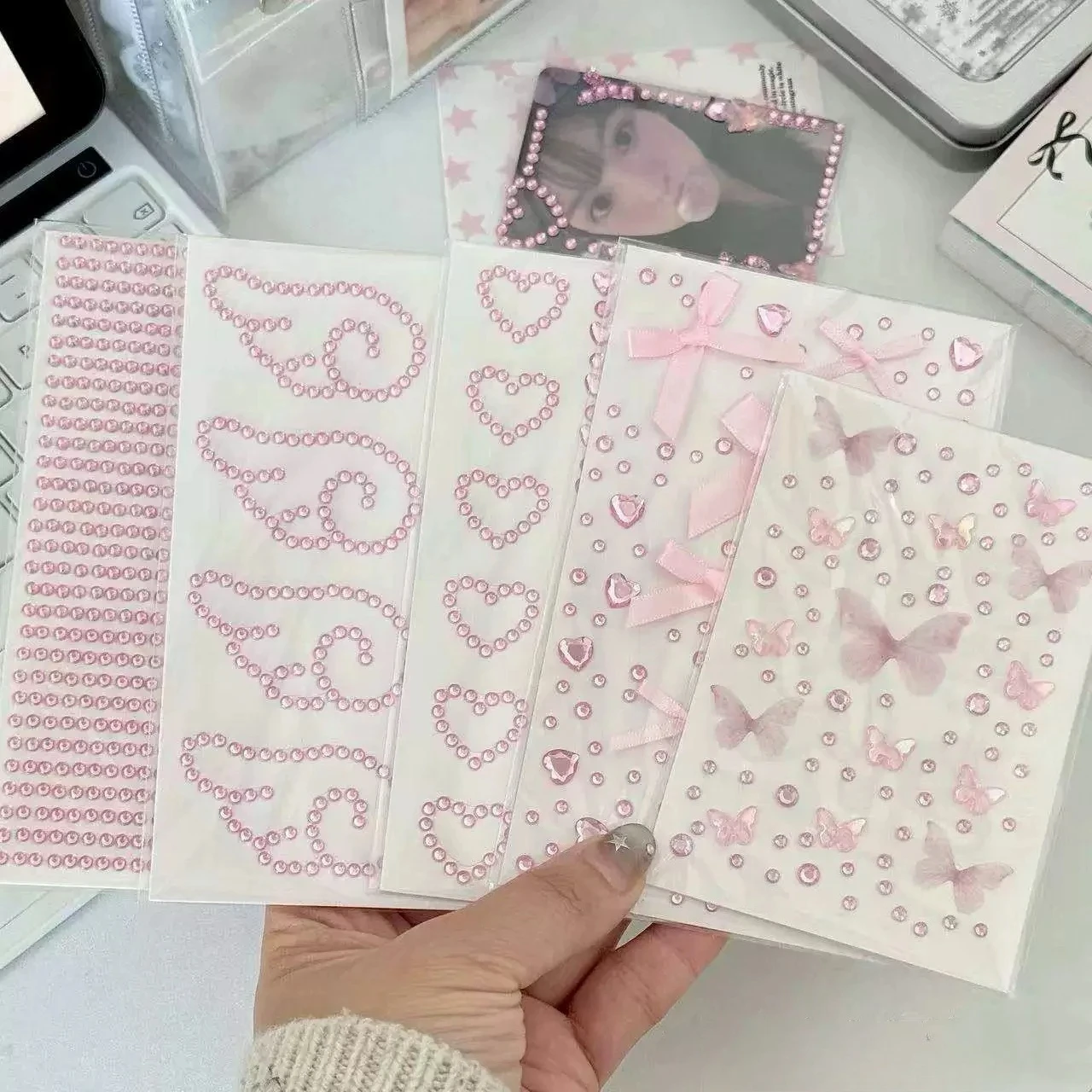 4pcs/Pack Kpop Photocard Deco Stickers Pink Silver Rhinestone Angel Wings Star Heart 3D Stickers Bling DIY Scrapbooking Stickers
