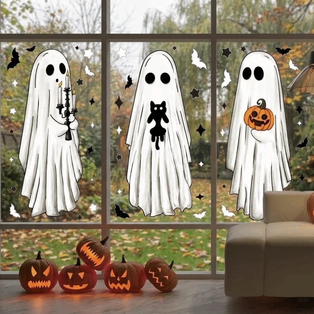 6PCS Cartoon Halloween Window Decals Bats Black Cat Spooky Pumpkin Large Size Ghost Static Window Clings Removable Waterproof