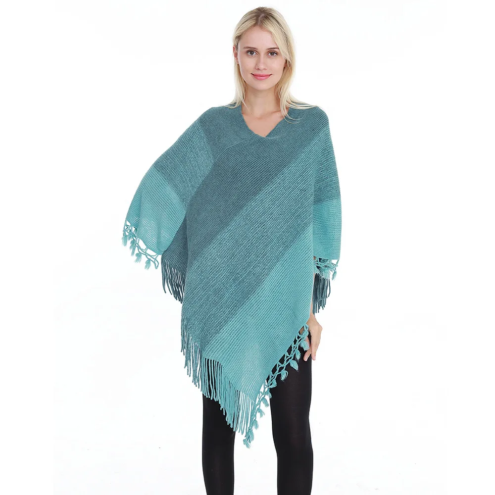 Vrouwen Lente Herfst Sjaal Dame Gebreide Twee Manier Wrap Gestreepte Trui Losse Leisure Trui Herfst Poncho met Kwastje Drop Ship