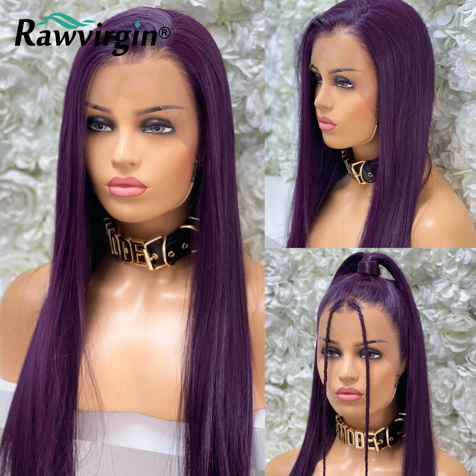 34Inch 13X6 Lace Front Wig Human Hair Dark Violet Purple Colored 13x4 Straight  Transparent Lace Frontal Wigs 180% RawVirgin