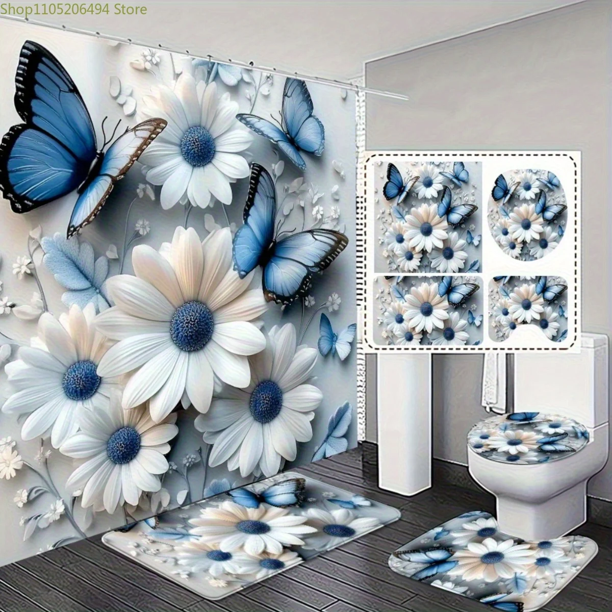 

1/3/4pcs, Stylish And Straightforward Blue Butterfly And Daisy Flower Bathroom 2D FLAT Shower Curtain Set Including Matching R
