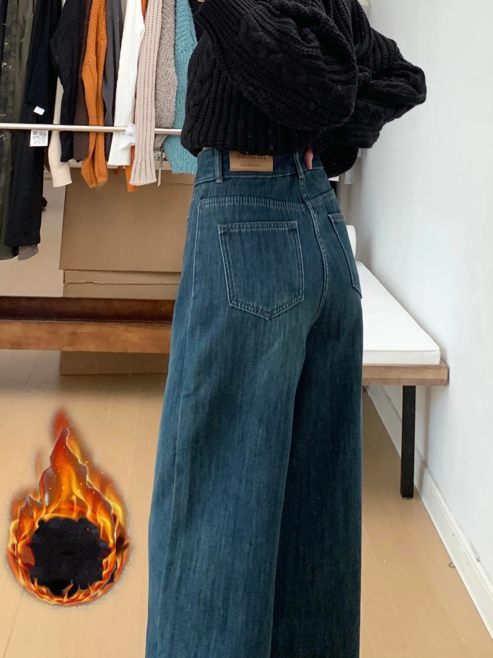 

Ретро-джинсы из флиса с высокой талией и широкими штанинами, женские свободные прямые длинные брюки, осенне-зимние, комфортные, дышащие, терморегулирующие