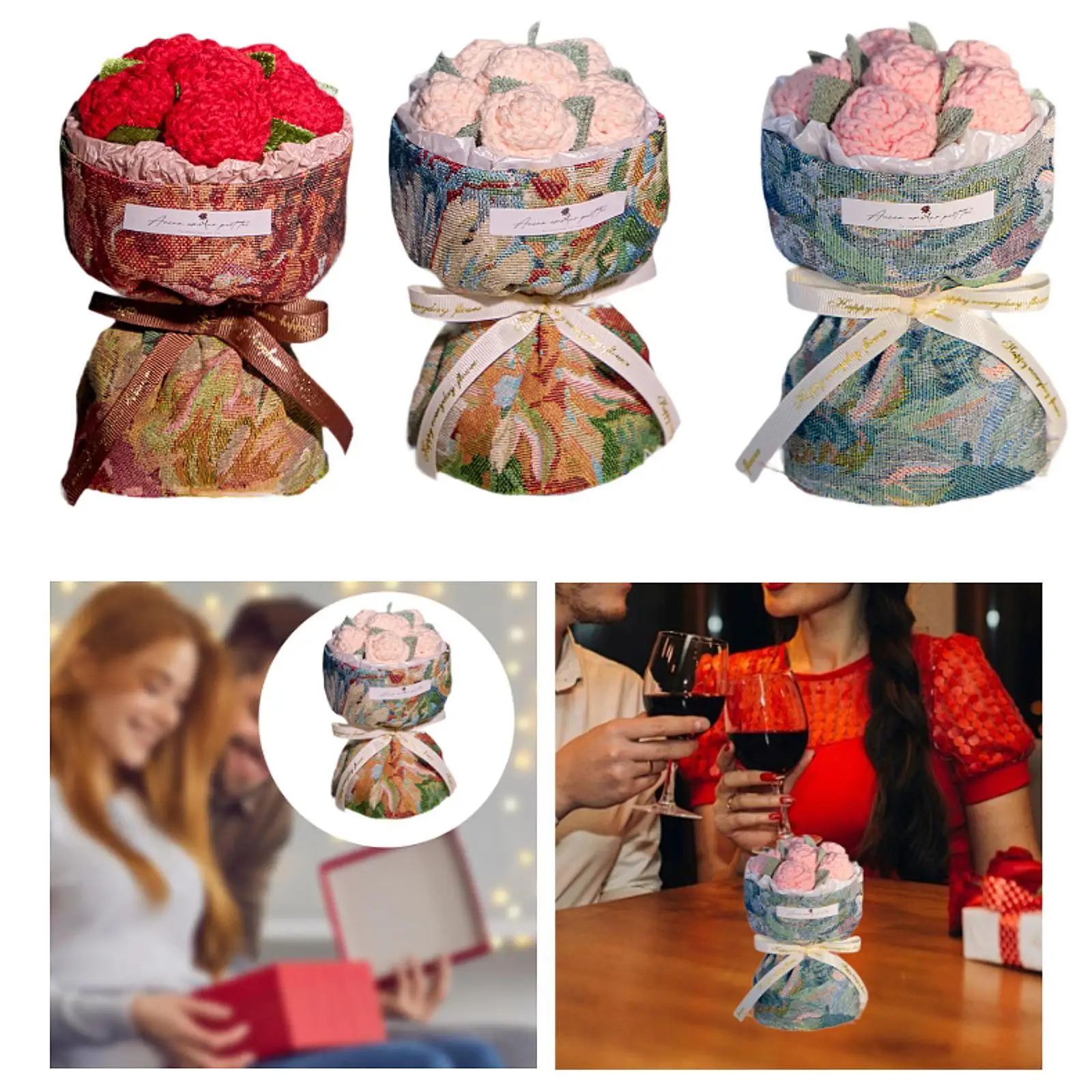 باقة زهور صناعية من الكروشيه، باقة رومانسية منسوجة رقيقة لحفلات الأصدقاء