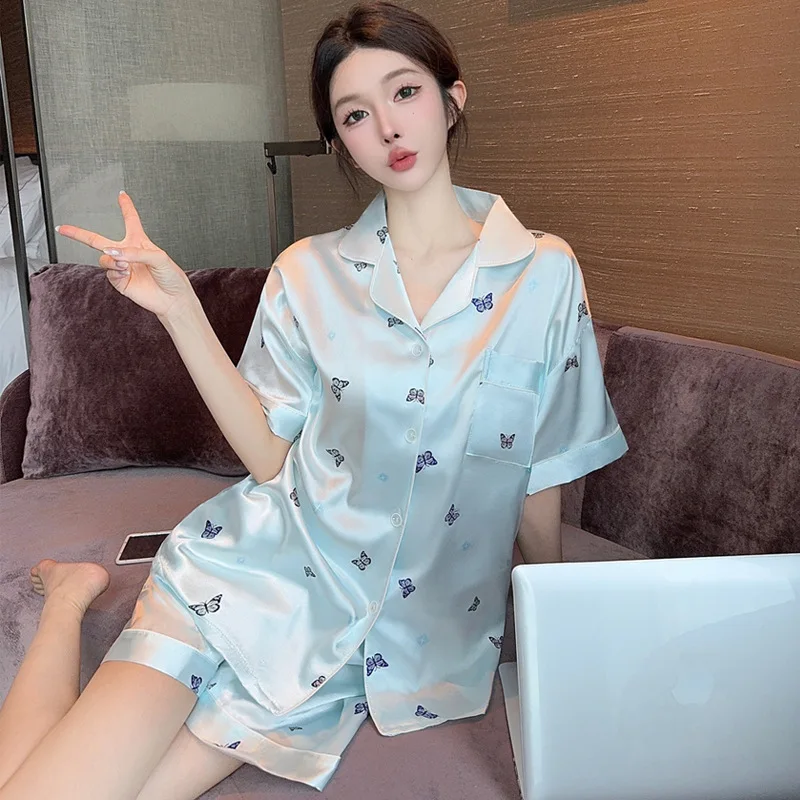 

Spring and Summer Fresh Senior Lapel Short-Sleeved Simulation Silk Pajamas Women Butterfly Printing Casual Pajamas Homewear Set
