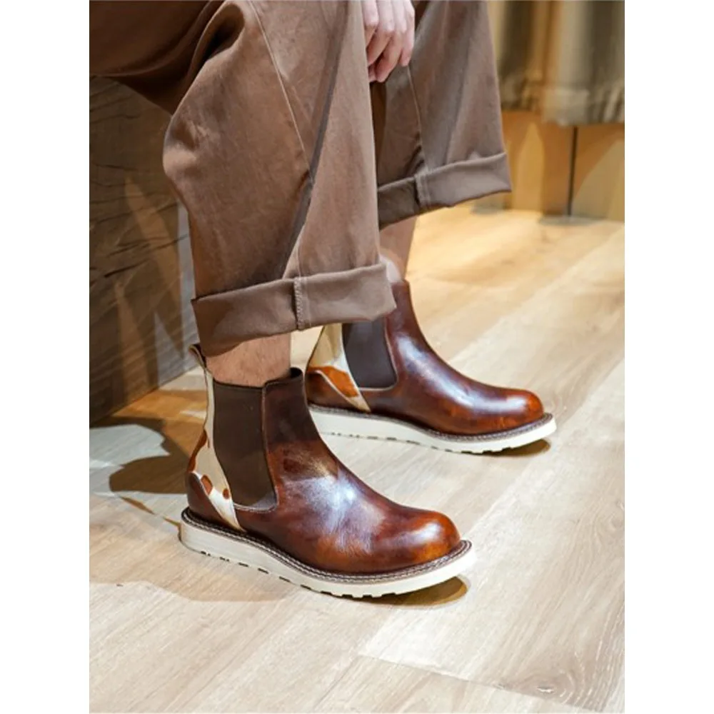 High Quality Genuine Leather Motorcycle Boots Brogue Shoes Retro Big Head Mid-calf Western Chelsea Boots For Men Mixed Color