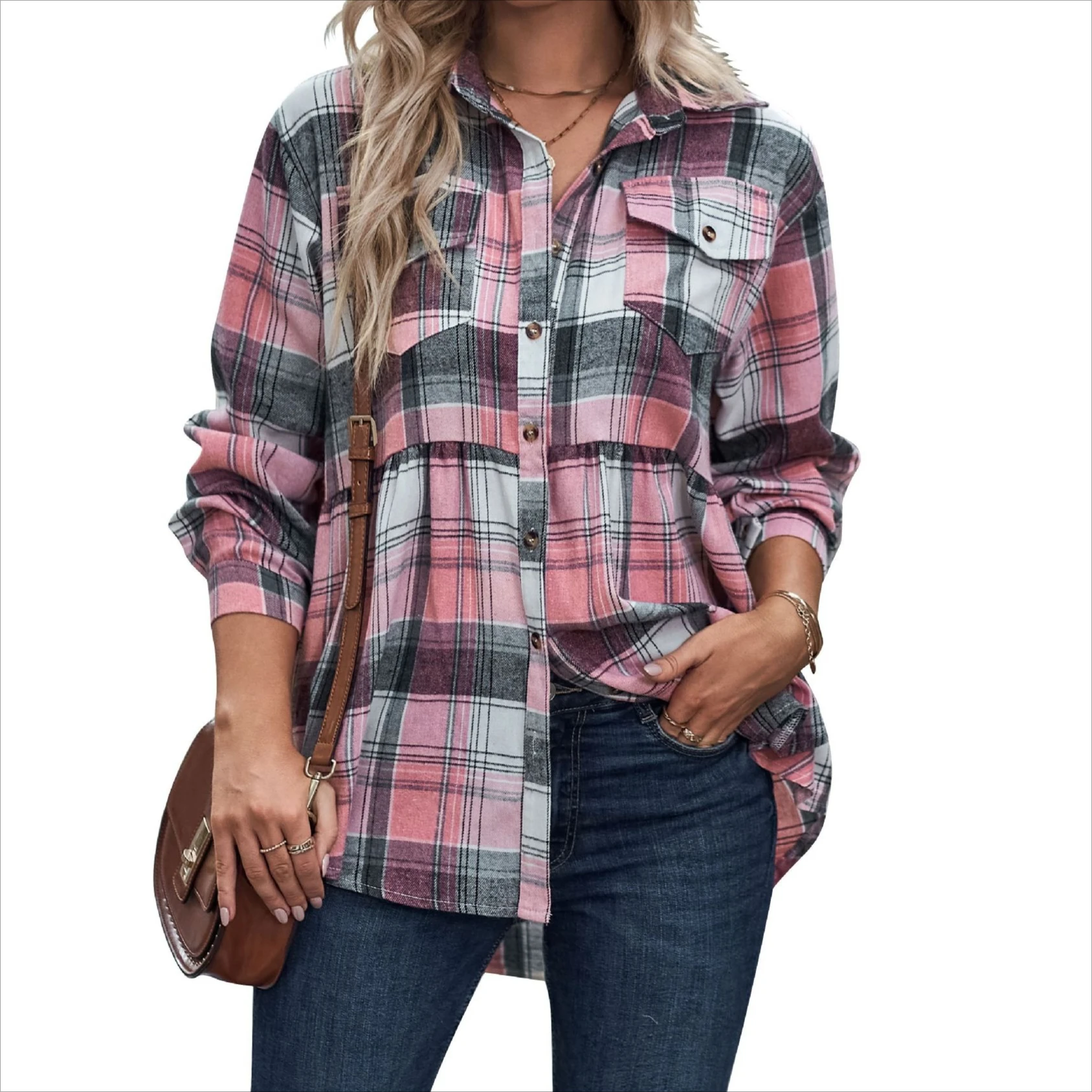 

Blouses Women Shirt Turn Down Collar Plaid Full Sleeve Tops Y2k Streetwear Elegant High Waist Casual Loose Work Autumn 2025