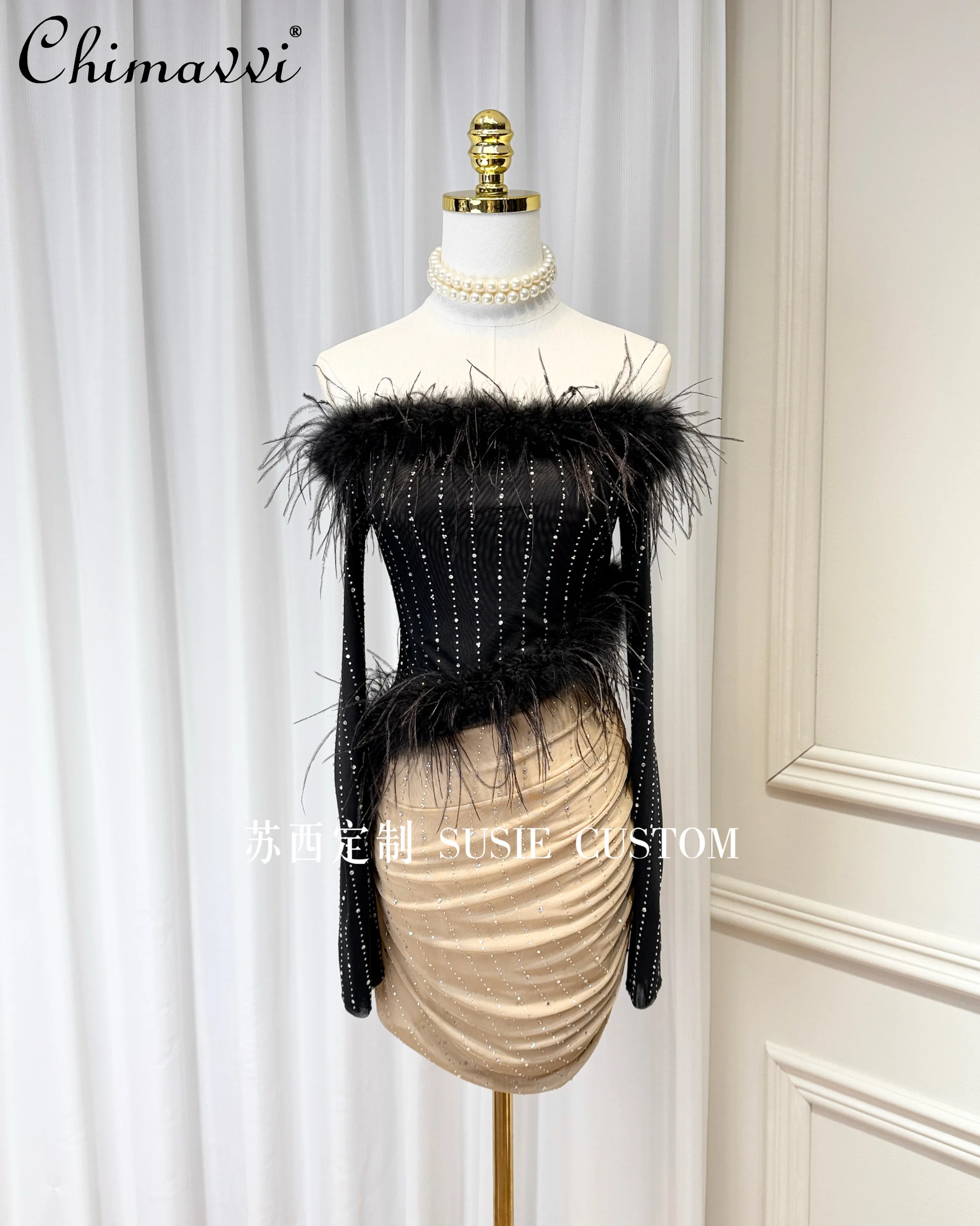 

French Off-Shoulder Long Sleeve Feather Splicing Diamond High Waist Splicing Pleated Hip-Wrapped Sexy Dress Women Spring 2025