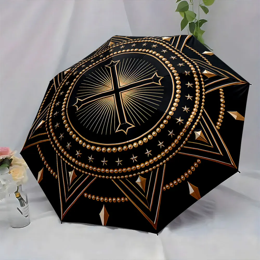 1PC Elegant Golden Pattern on a Stylish Black Umbrella Print 8 Iron Ribs Folding Umbrella Auto-Open Fashion Sunshade
