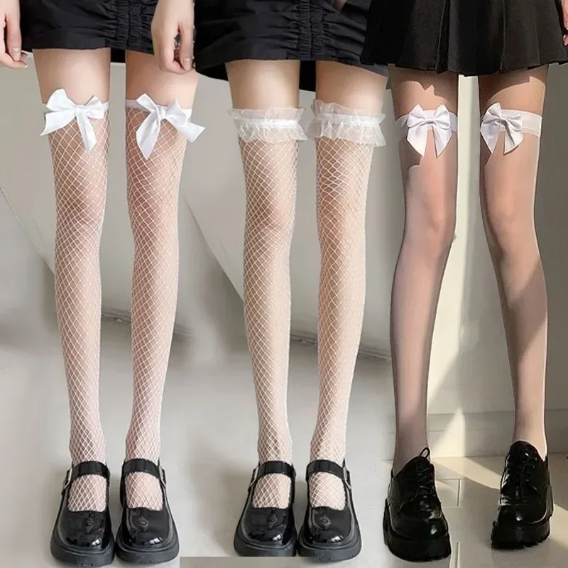 Black White Sexy Overknee Long Socks Women Sweet Girls Lolita Bowknot Thigh High Fishnet Stockings Gothic Punk Lace Mesh Legging