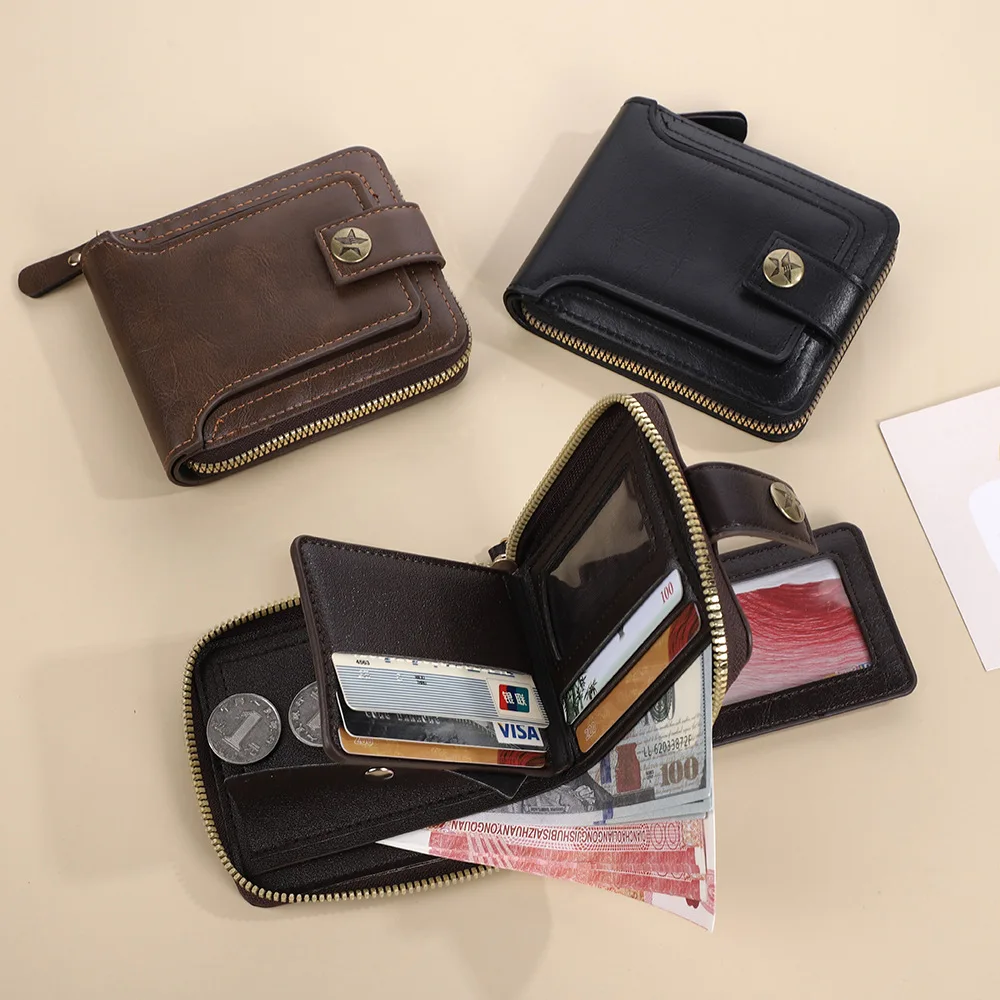 High Quality Durability Vintage Men's Short Wallet, Solid PU Leather Hasp Zipper Card Holder, Convenient Daily Accessory Purse