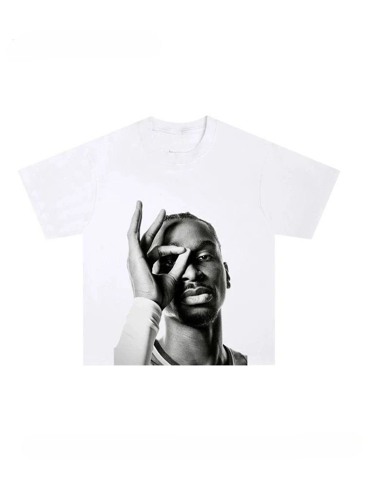 Large-head Printed Short-sleeved Cotton T-shirt, Heavy-duty Pure Cotton, Small Neckline, Basketball-style Top for Men