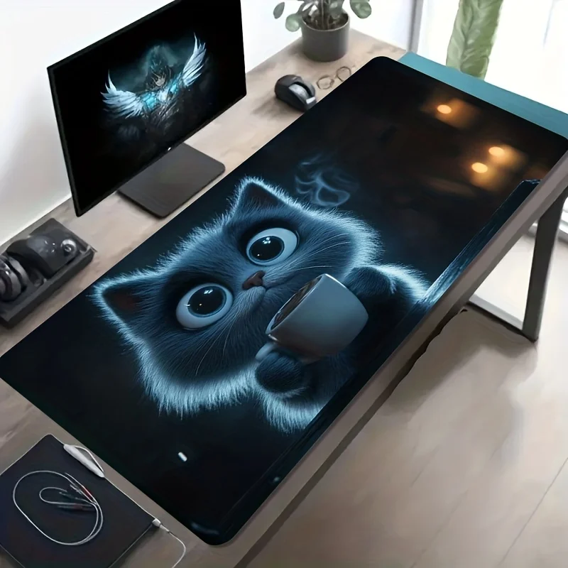 Cute Glowing Cat Coffee Large Gaming Mouse Pad Non-Slip Rubber Desk Mat Extra Large Computer Mat