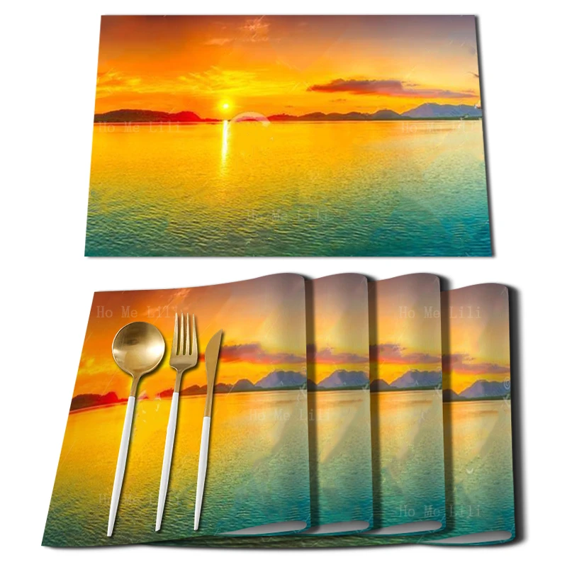 Sunrise Over The Sea Natural Beauty Long Island Sky Cloud Ocean Beautiful Scenery Polyester Fabric Placemat