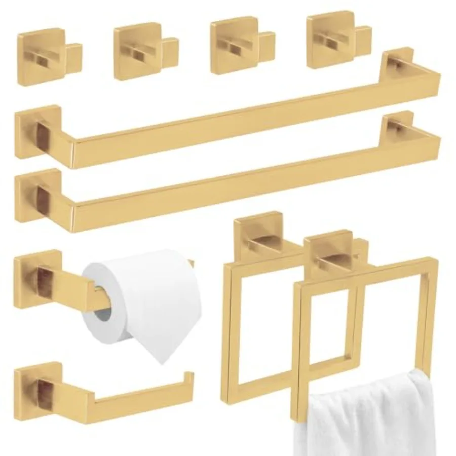 

10 Pcs Bathroom Hardware Accessories Set 23.6 Inch Gold Wall Mounted Bath Towel Bar Kit with Towel Racks Ring and Hooks Paper H