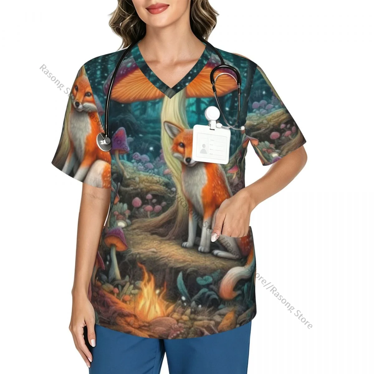 Women's Medical Scrub Top V Neck Short Sleeve Magical Fox Flying Mushrooms Stretch Nursing Uniform for Hospital Clinic