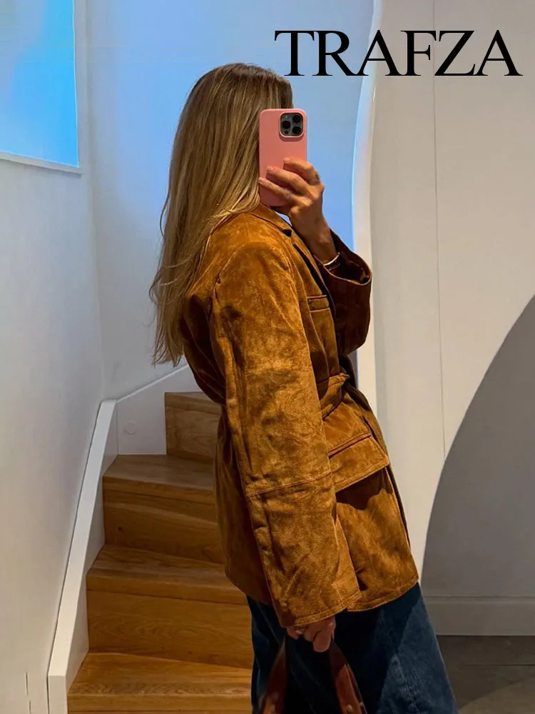 

TRAFZA Women Autumn Casual Coats Solid Turn-Down Collar Lace-Up Decoration Pockets Button Women's Fashion Long Sleeves Jacket