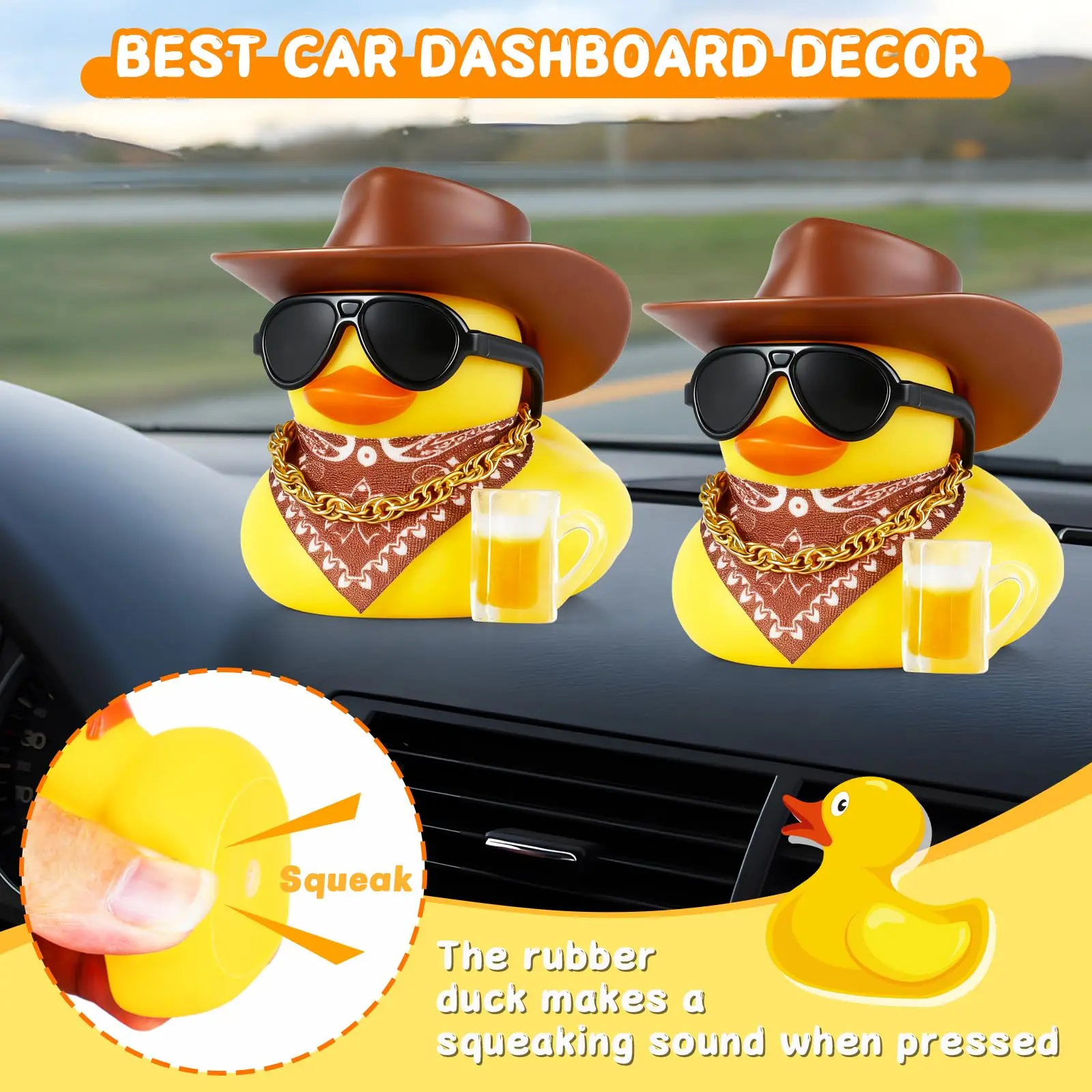 Cowboy Rubber Duck with Sunglasses, Necklace, Beer Glass & Tape - Premium PVC Dashboard Decor, Funny Car Accessories for Adults,
