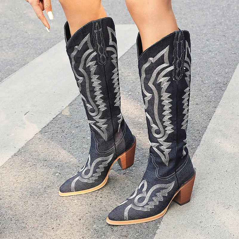 

Denim Stitching Lines Pointed Wood Grain Thick Heel Western Boots Breathable Lining Women's Knee High Boots