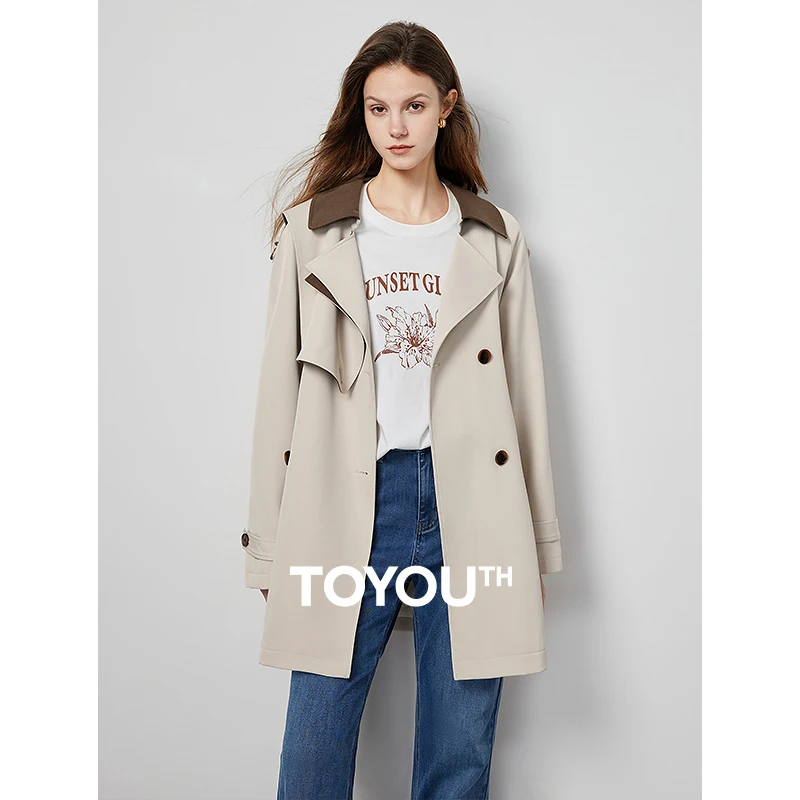 TOYOUTH Women Trench Coat 2024 Spring New Maillard Style Lapel Collar Khaki Single Breasted Button Office Lady Windbreaker Coat