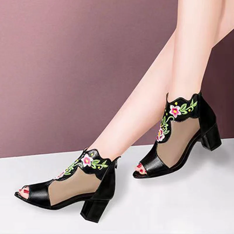 Sexy Black Mesh Embroidery Floral Pumps Women Autumn 2024 Thick Square Heels Peep Toe Shoes Woman High Heeled Patchwork Sandals