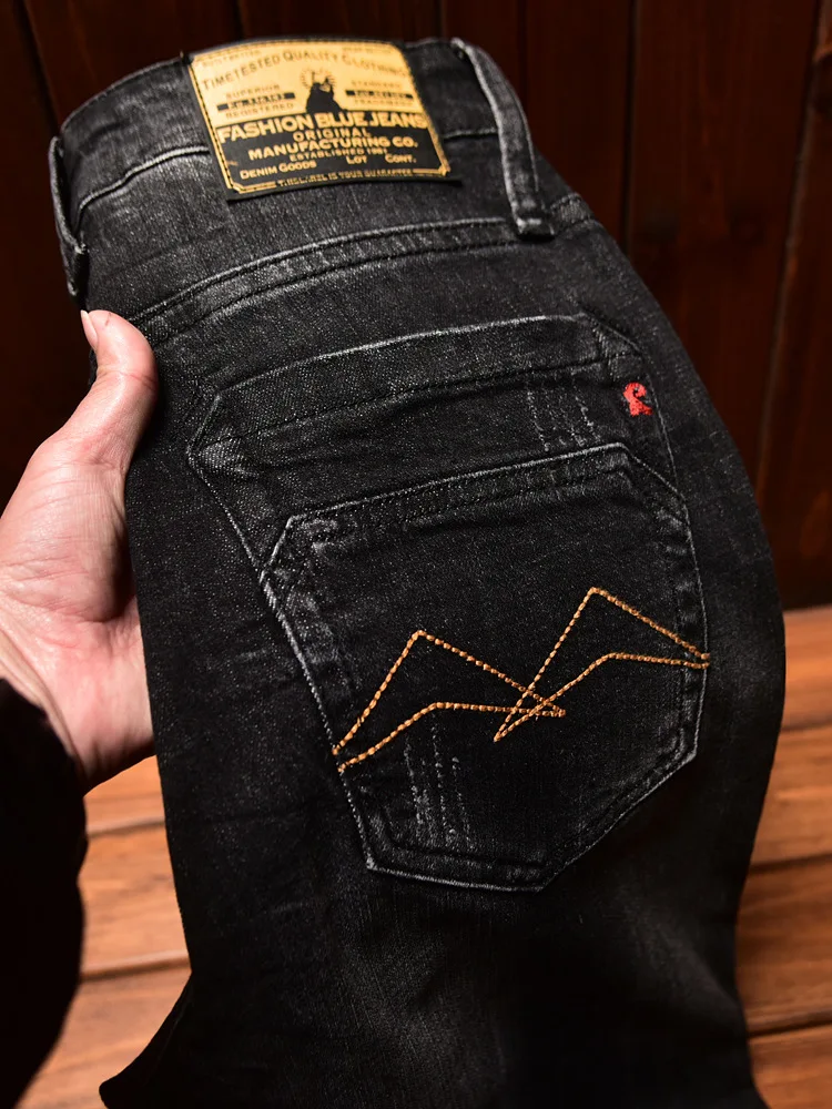 High end retro nostalgic black jeans men's spring and autumn style slim fit small straight tube versatile elastic trendy pants