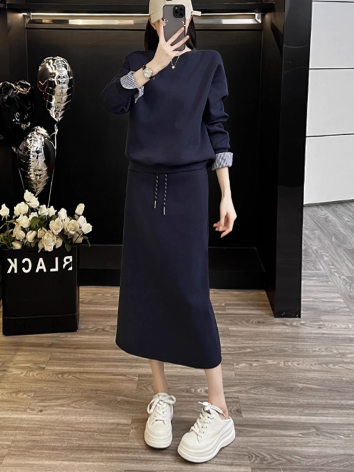 

Blue Sweatshirt Skirt Set Women's Casual Sportswear Two-Piece Suit Korean Style Spring Autumn Seasonal Fashion Ensemble